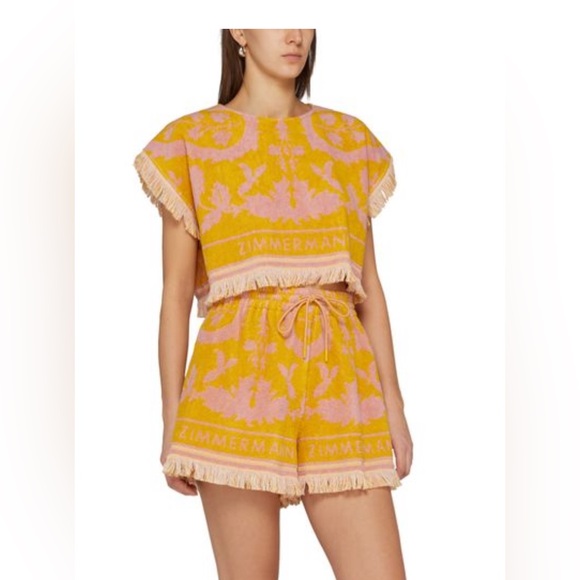 ZIMMERMAN  Wylie Mustard and Pink Fringe Cropped Top - Picture 1 of 6